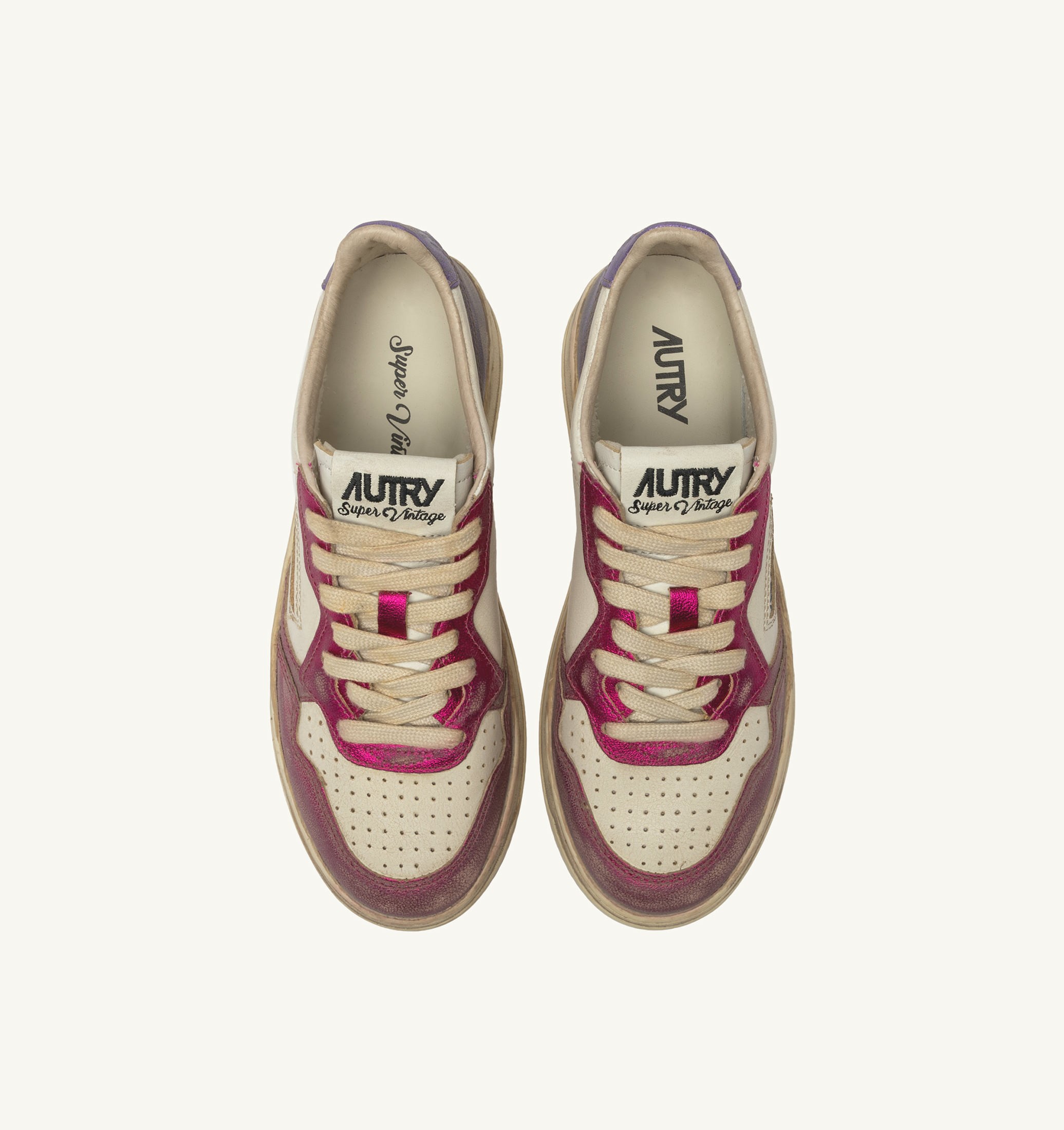 BASKETS MEDALIST LOW SUPER VINTAGE EN CUIR BLANC FUCHSIA ET VIOLET