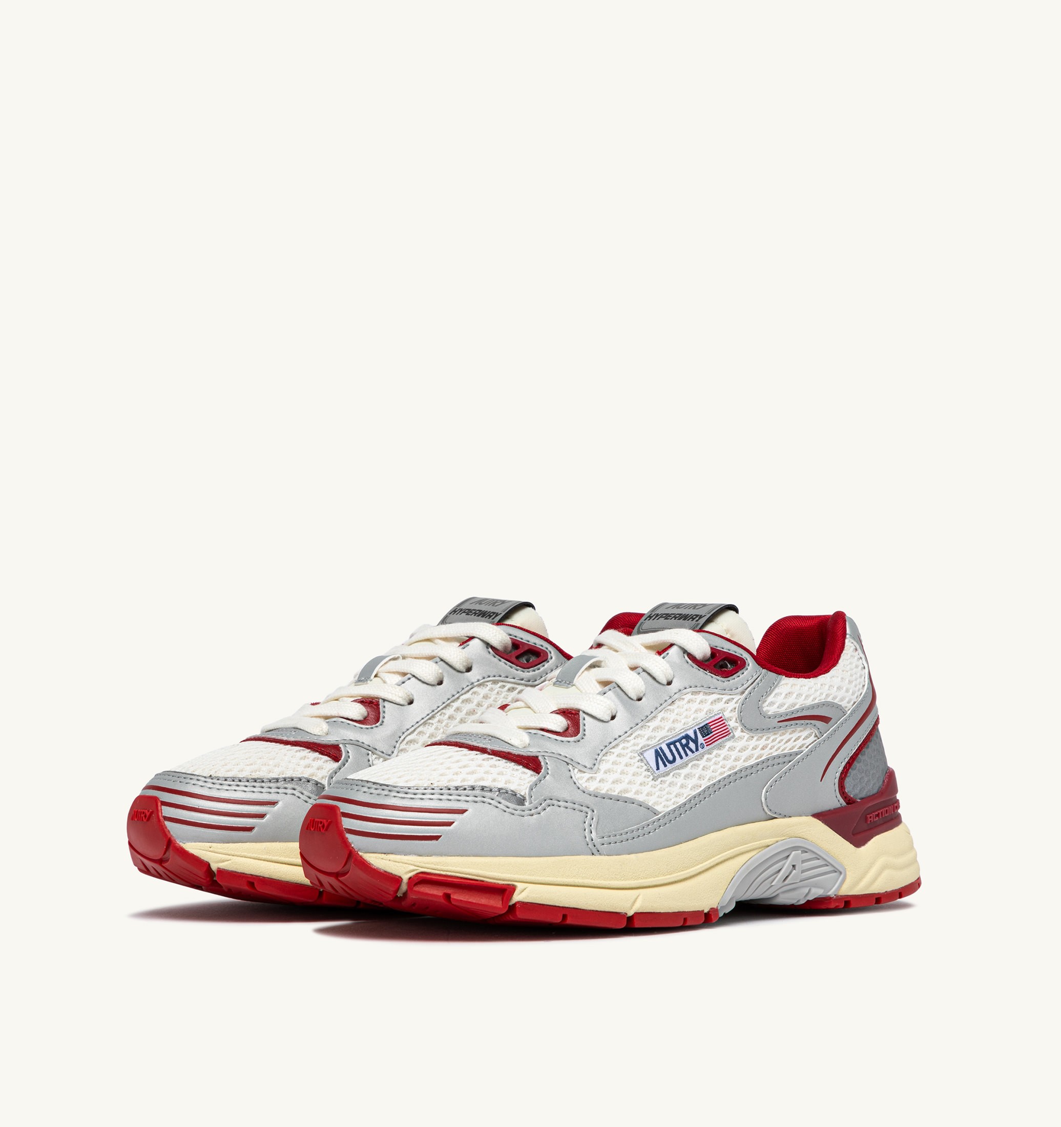 BASKETS HYPERWAY EN CUIR SYNTHÉTIQUE ET MESH BLANC ARGENT ET ROUGE