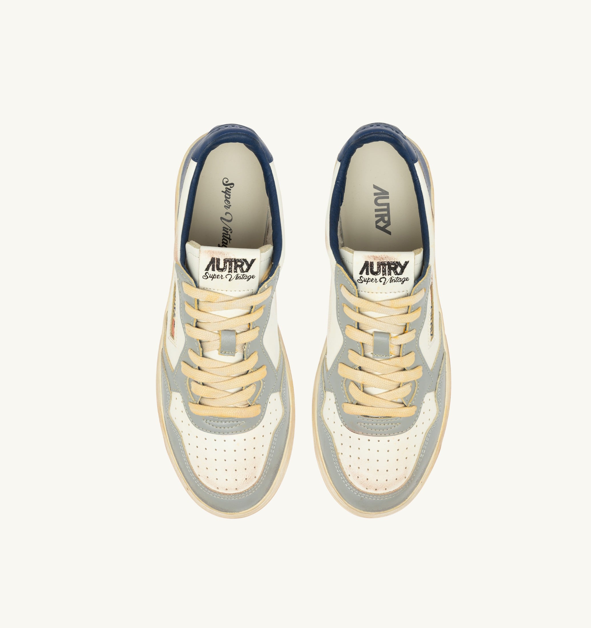 BASKETS MEDALIST LOW SUPER VINTAGE EN CUIR LIMESTONE BLANC ET BLUE