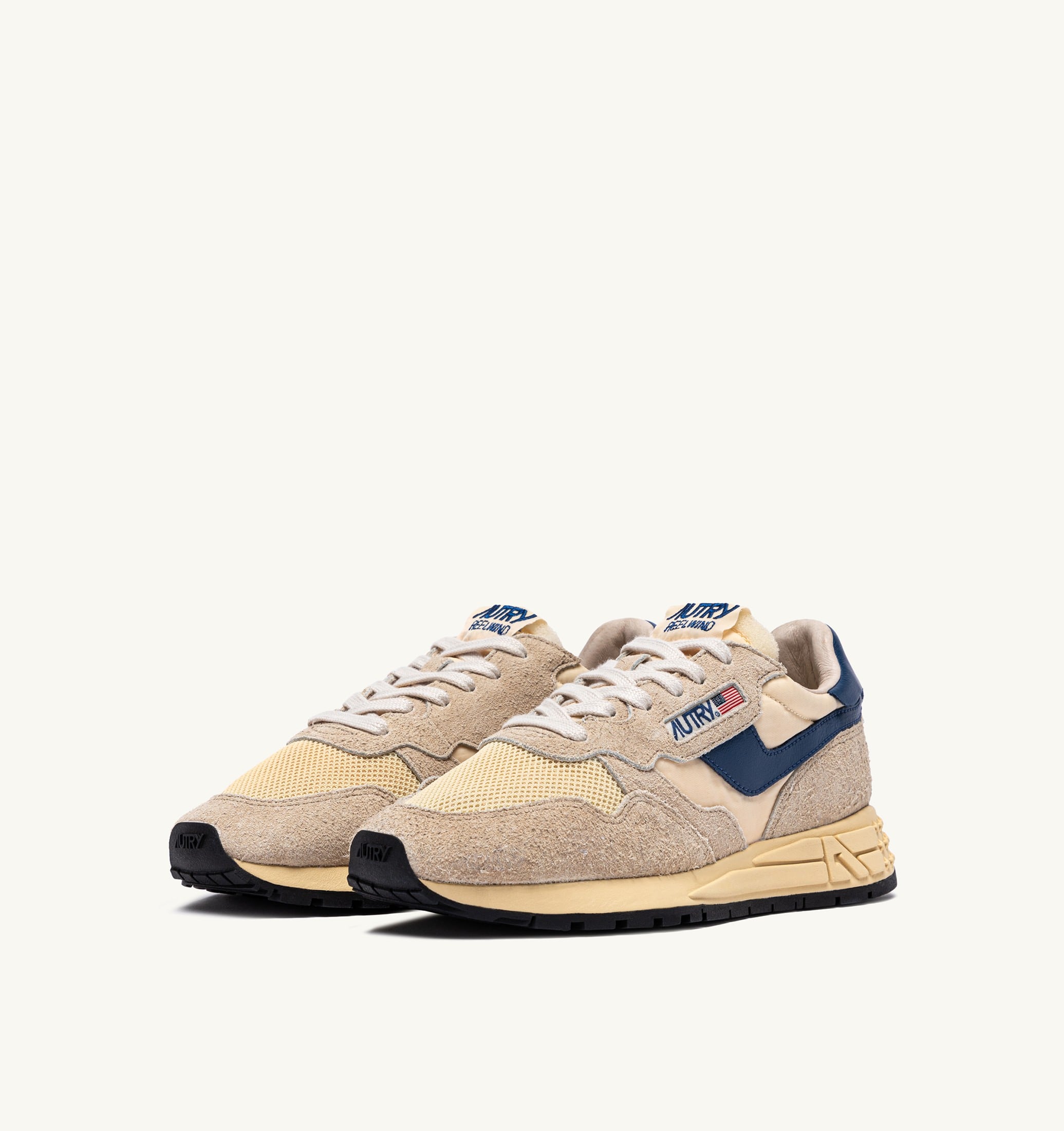 BASKETS REELWIND LOW EN NYLON DAIM ET CUIR ÉCRU ET ENSIGN BLUE